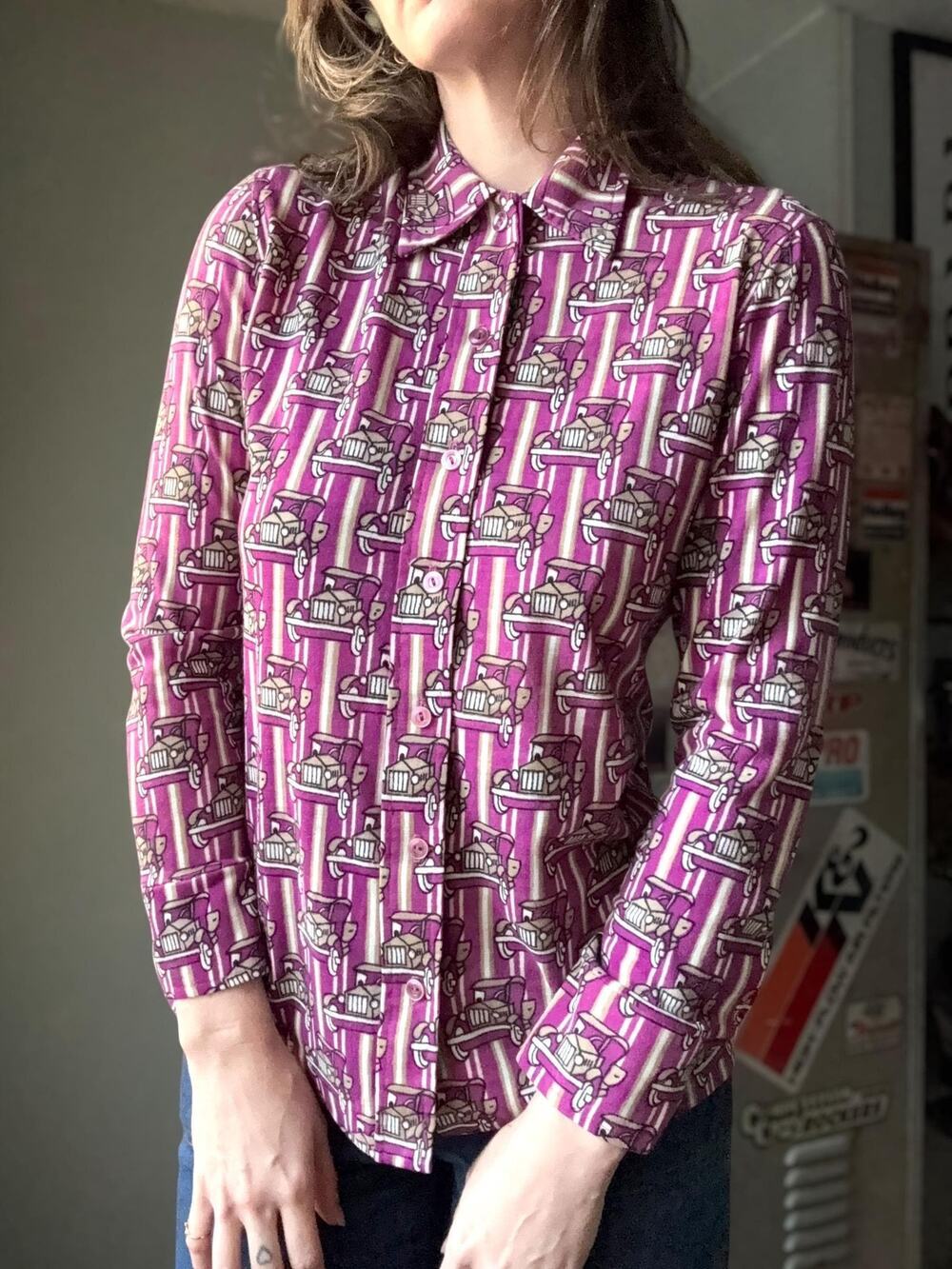 Vintage 70s Novelty Print Button Up Shirt | Antique Car | Magenta | M